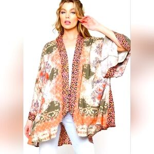 Aratta Abstract Floral Animal Print Kimono Swim‎ Cover Boho Leopard Print S/M